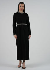 Elegant Crystal Embellished Maxi Dress with Lace Waist Details