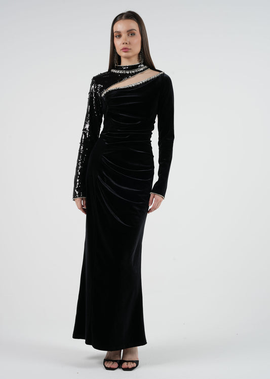 Asymmetrical Velvet Gown with Sequin Embellishment