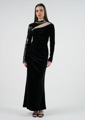 Asymmetrical Velvet Gown with Sequin Embellishment