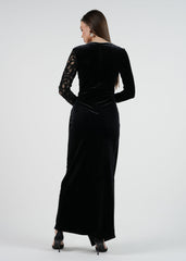 One-Shoulder Velvet & Lace Evening Gown with Embellished Cuff