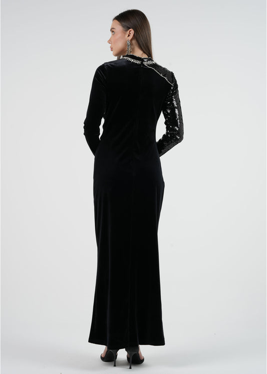 Asymmetrical Velvet Gown with Sequin Embellishment