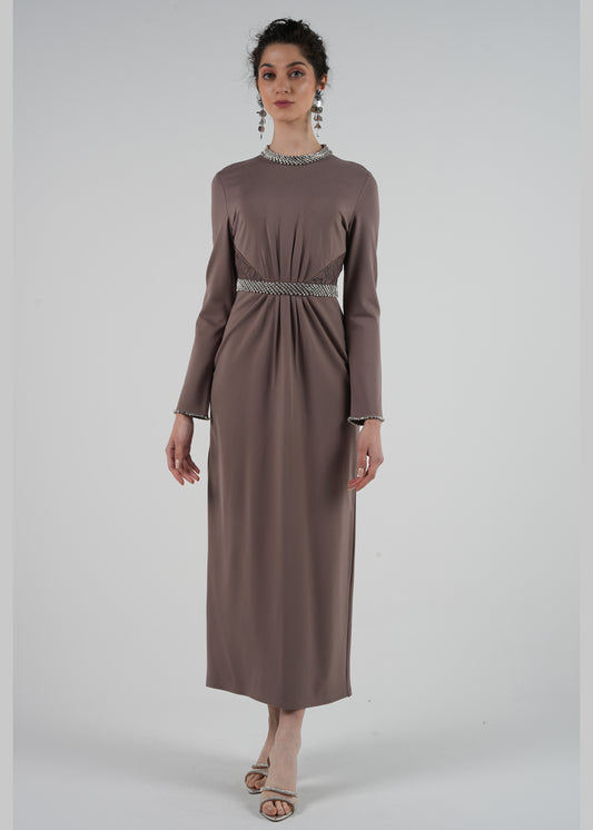 Elegant Crystal Embellished Maxi Dress with Lace Waist Details