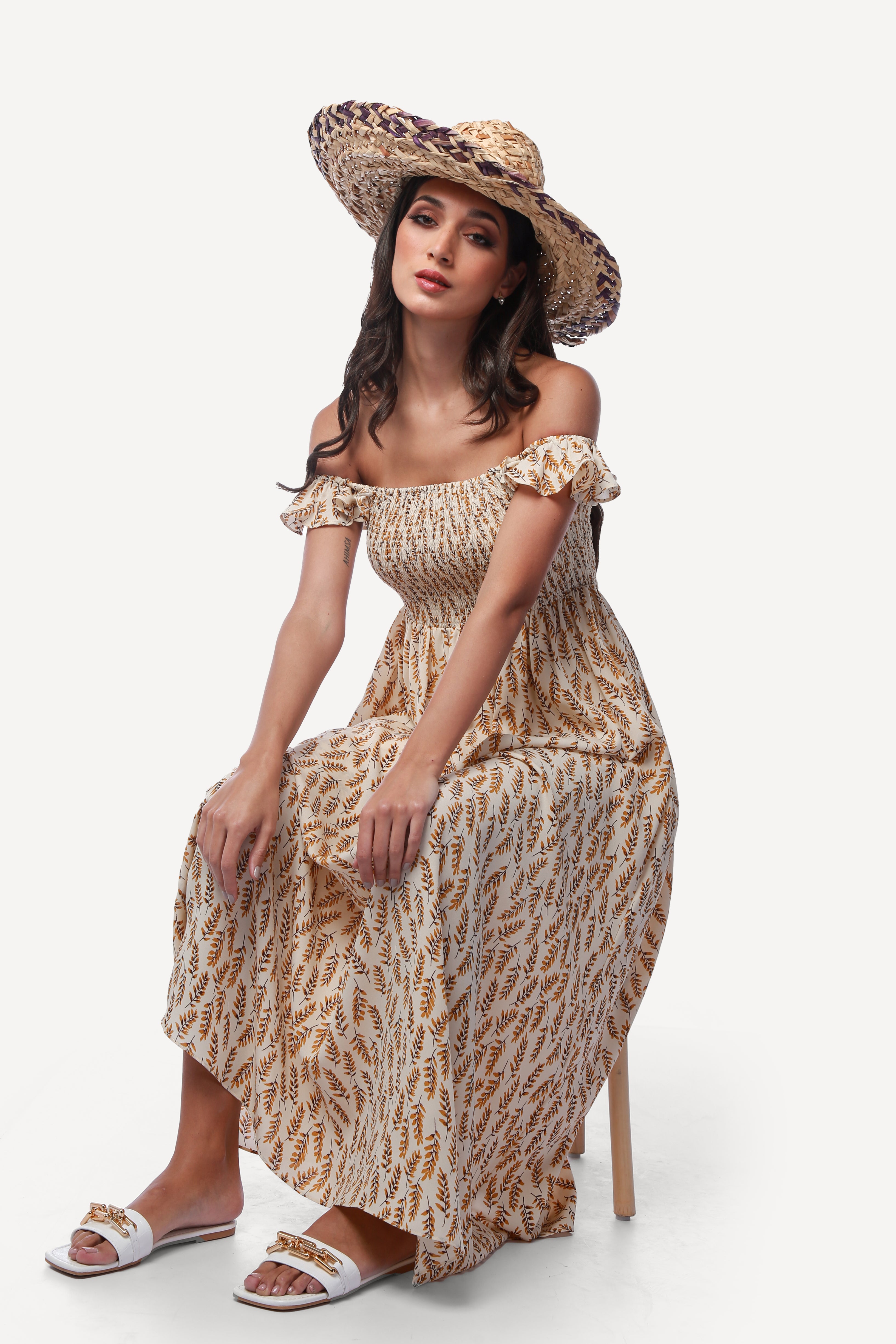 2243006- Off Shoulder Maxi Dress - Montania Shop