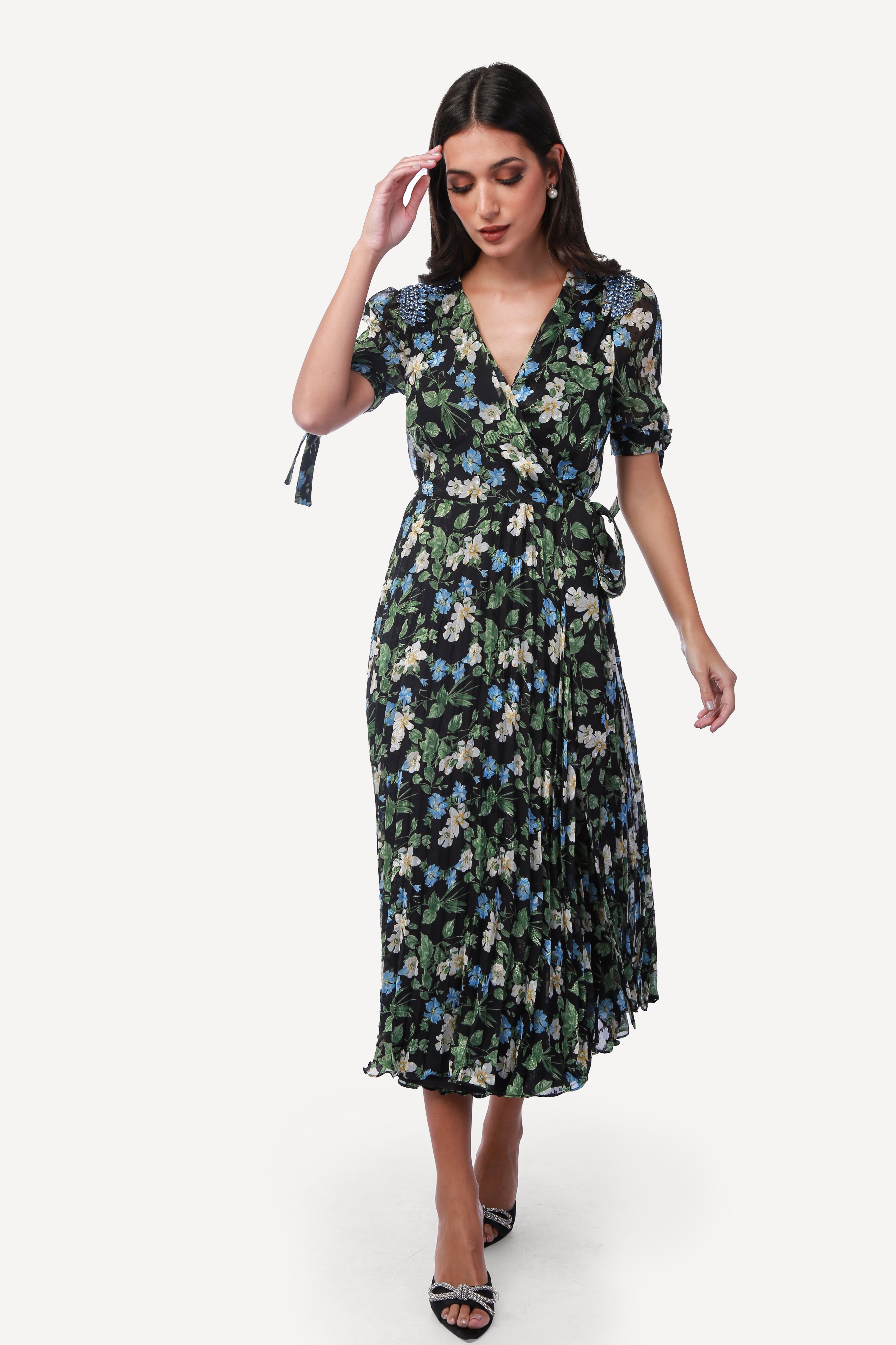 2306006- Floral Print Wrap Dress - Montania Shop