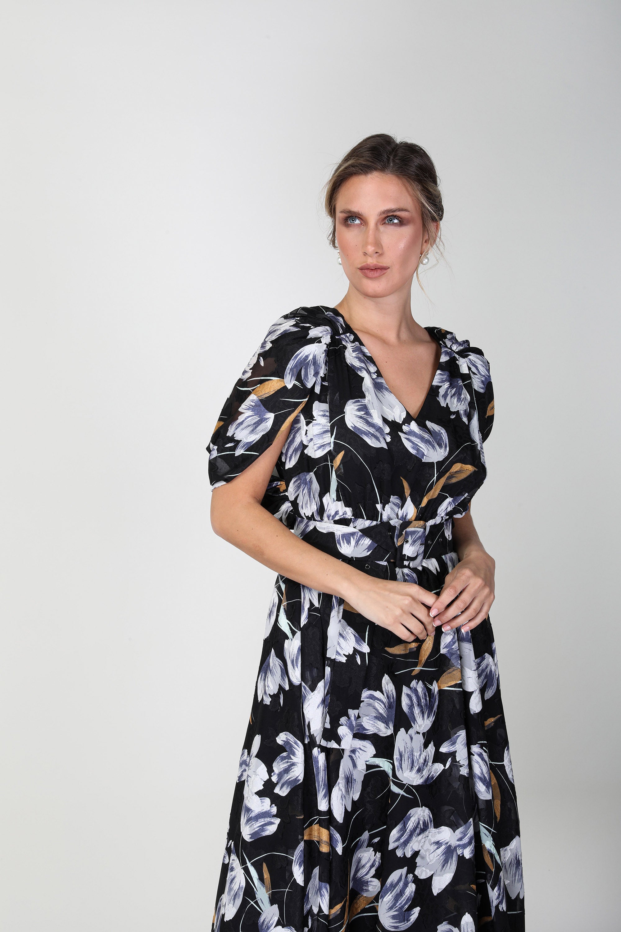 2306017- Cape Sleeve Floral Dress - Montania Shop