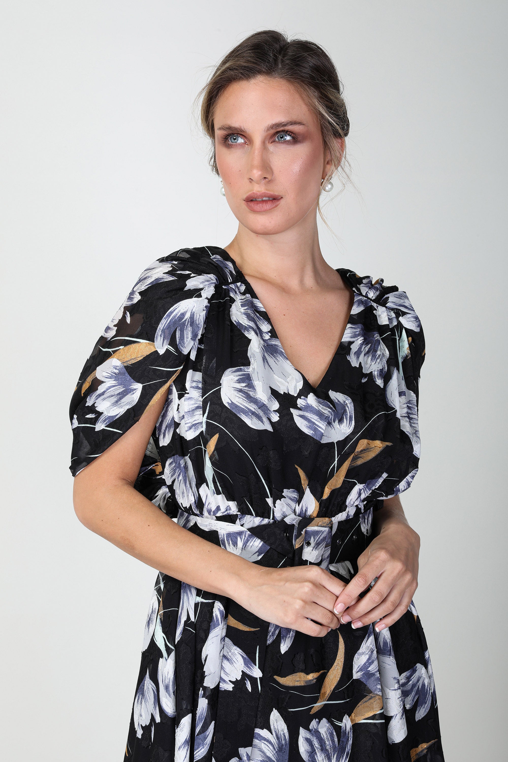 2306017- Cape Sleeve Floral Dress - Montania Shop