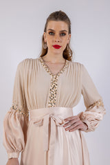 Elegant Pleated Maxi Dress with Embellished Details