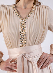 Elegant Pleated Maxi Dress with Embellished Details