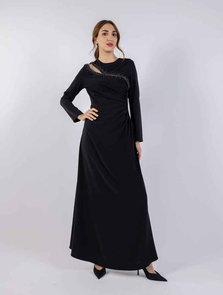 Asymmetrical Beaded Cut-Out Maxi Dress