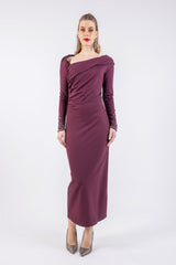 Elegant Draped Shoulder Full-Length Gown with Embellished Sleeves