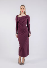 Elegant Draped Shoulder Full-Length Gown with Embellished Sleeves