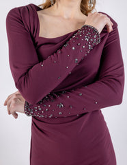 Elegant Draped Shoulder Full-Length Gown with Embellished Sleeves