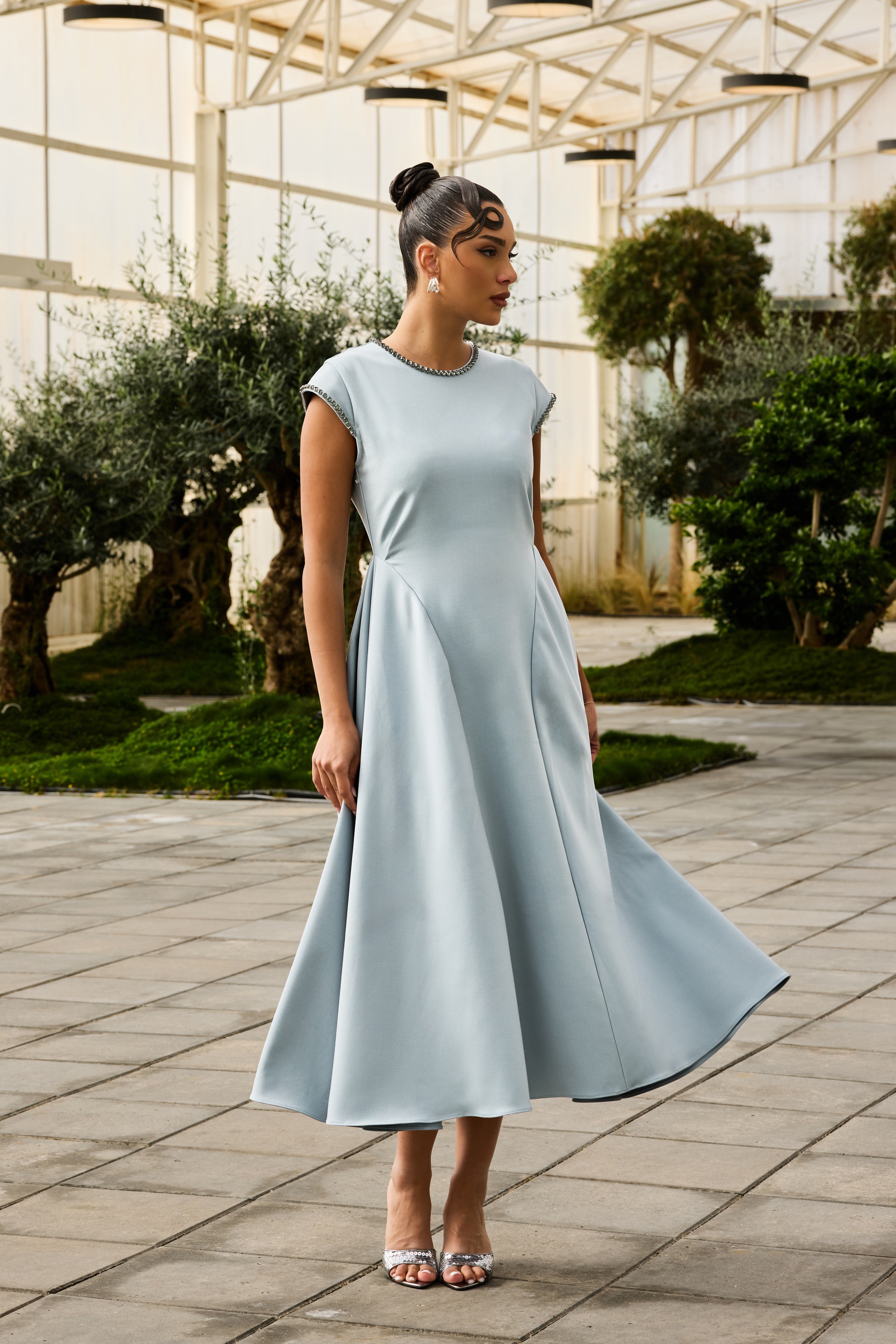 The Elara Embellished Trim Midi Dress - Montania Shop