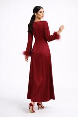 Pleated Waist Maxi Dress with Feather-Trimmed Cuffs