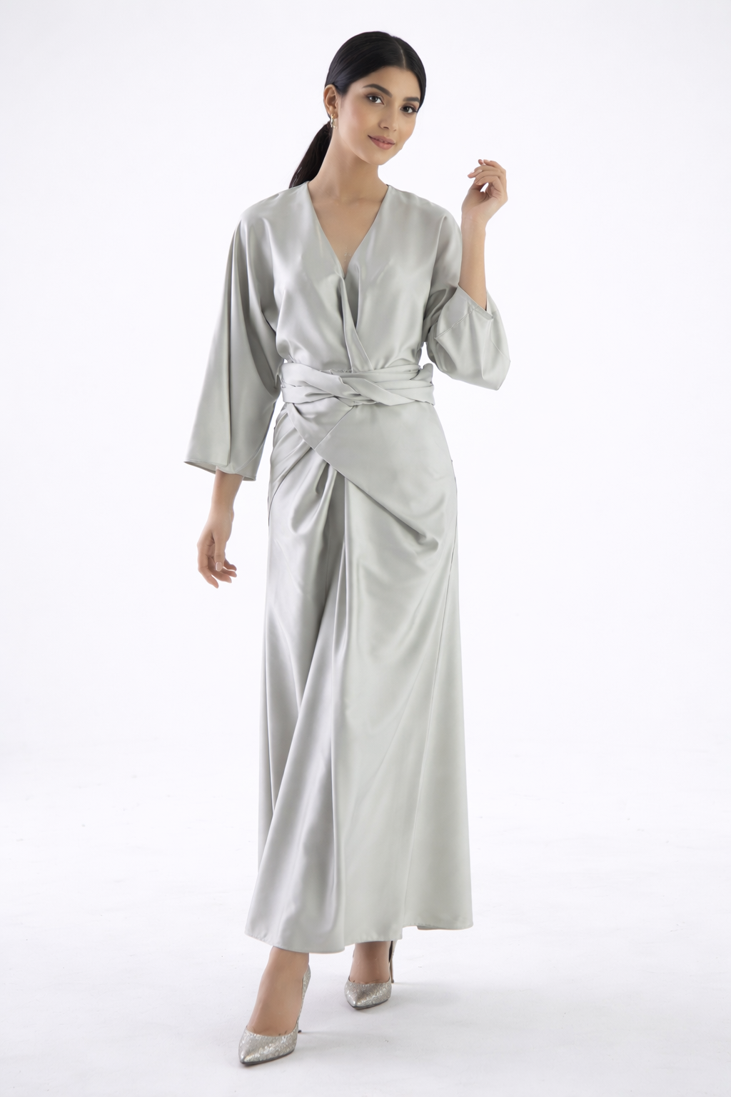 Elegant Wrap-Effect Satin Maxi Dress - Montania Shop