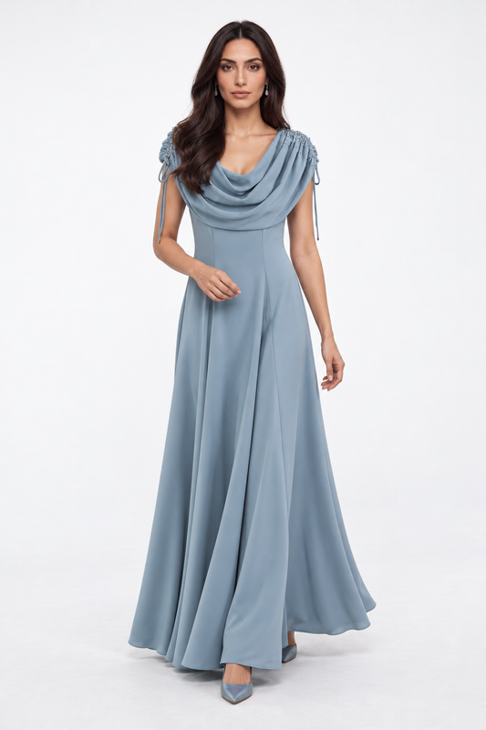 Embellished Draped Neck A-Line Maxi Dress