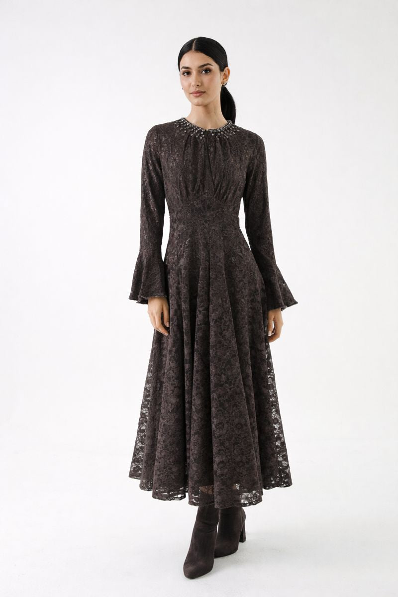 Embellished Lace Maxi Dress with Bell Cuffs