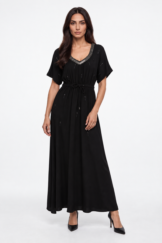 Embellished Drawstring Waist Maxi Dress