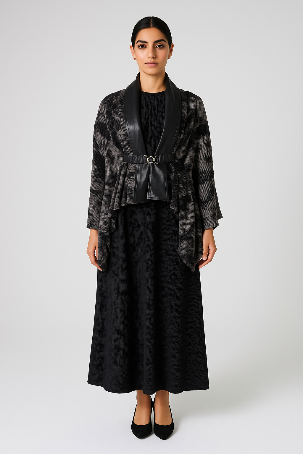 كيمونو مطبوع بياقة جلد صناعي