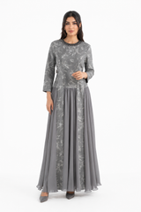 Embellished Neckline Printed Panel Dress with Chiffon Flare