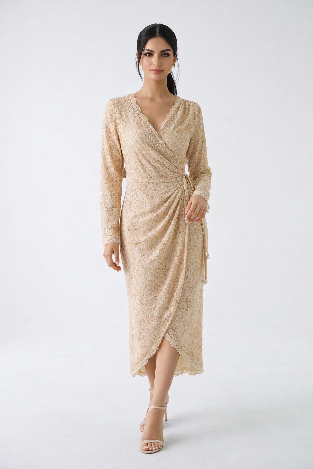 Elegant Lace Wrap Midi Dress with Asymmetrical Hem