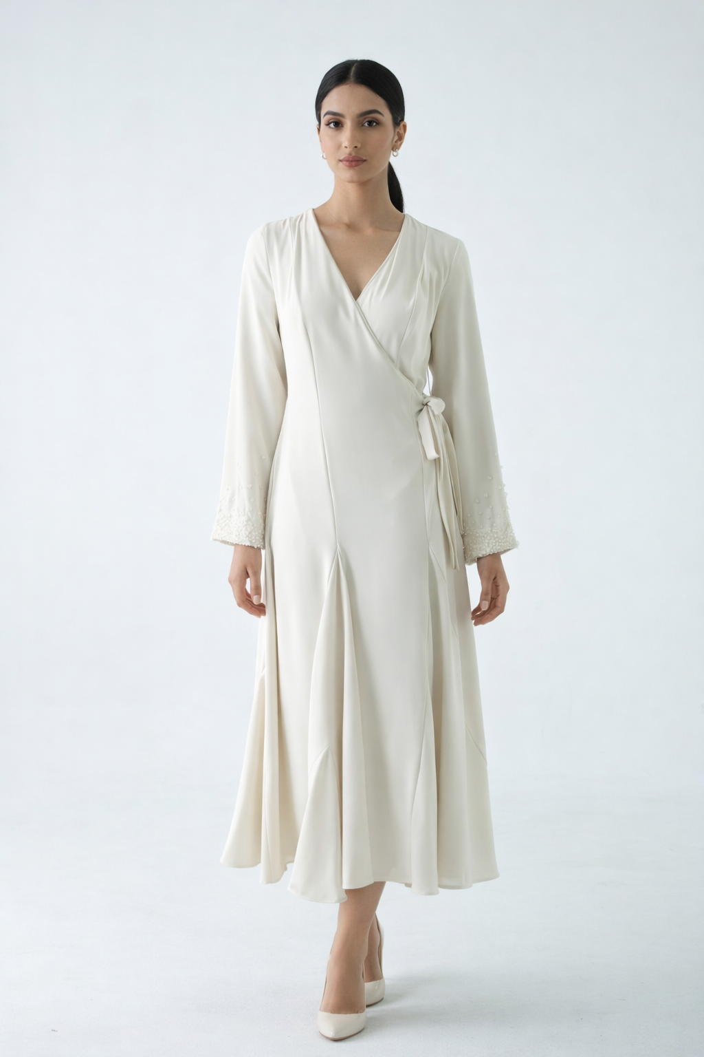 Elegant Wrap Midi Dress with Embellished Cuffs