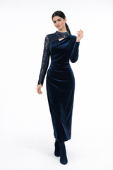 Velvet Maxi Dress with Lace Sleeve and Embellished Details