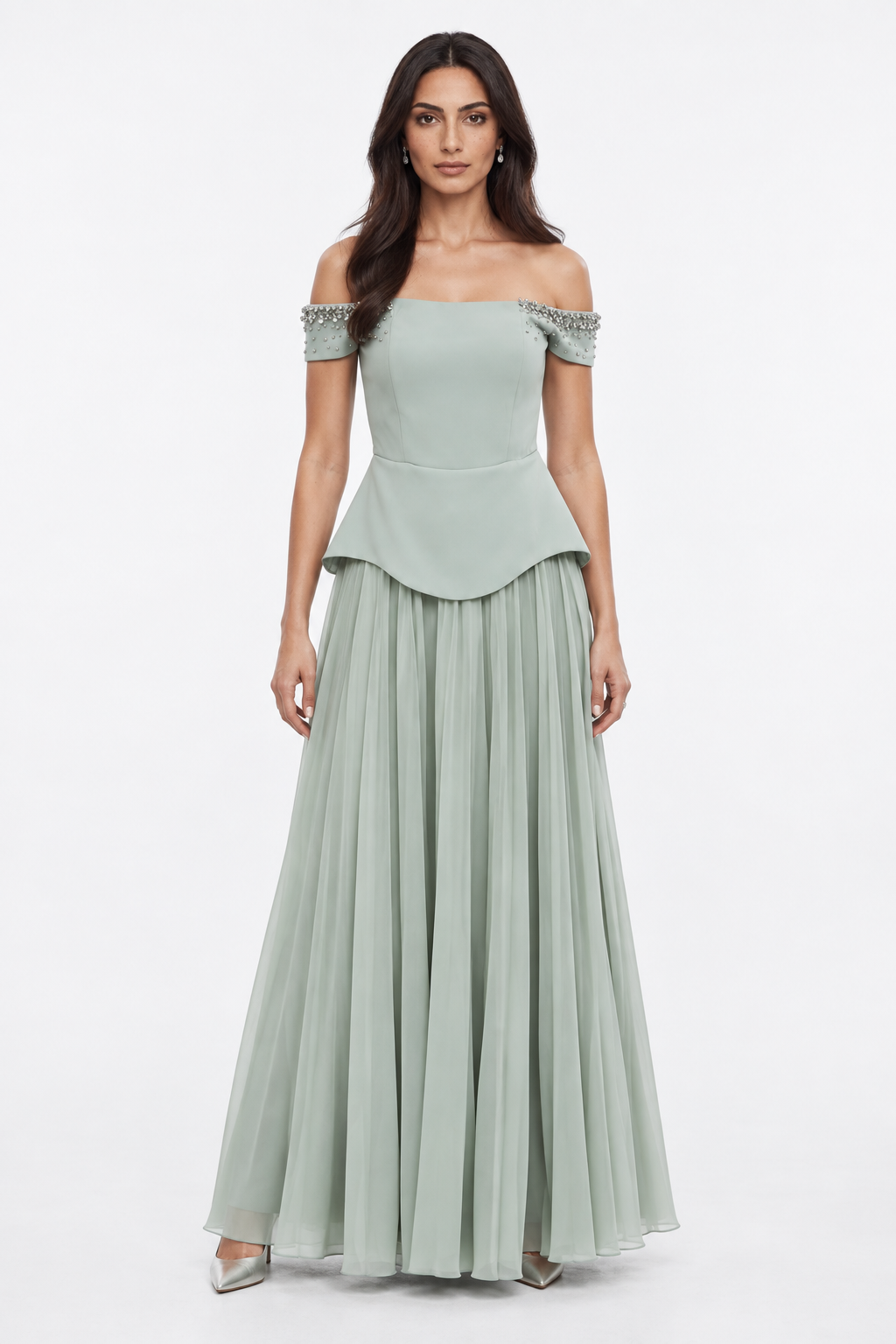 Embellished Cold-Shoulder Pleated Dress