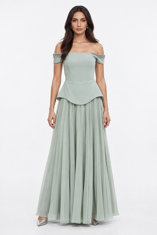 Embellished Cold-Shoulder Pleated Dress