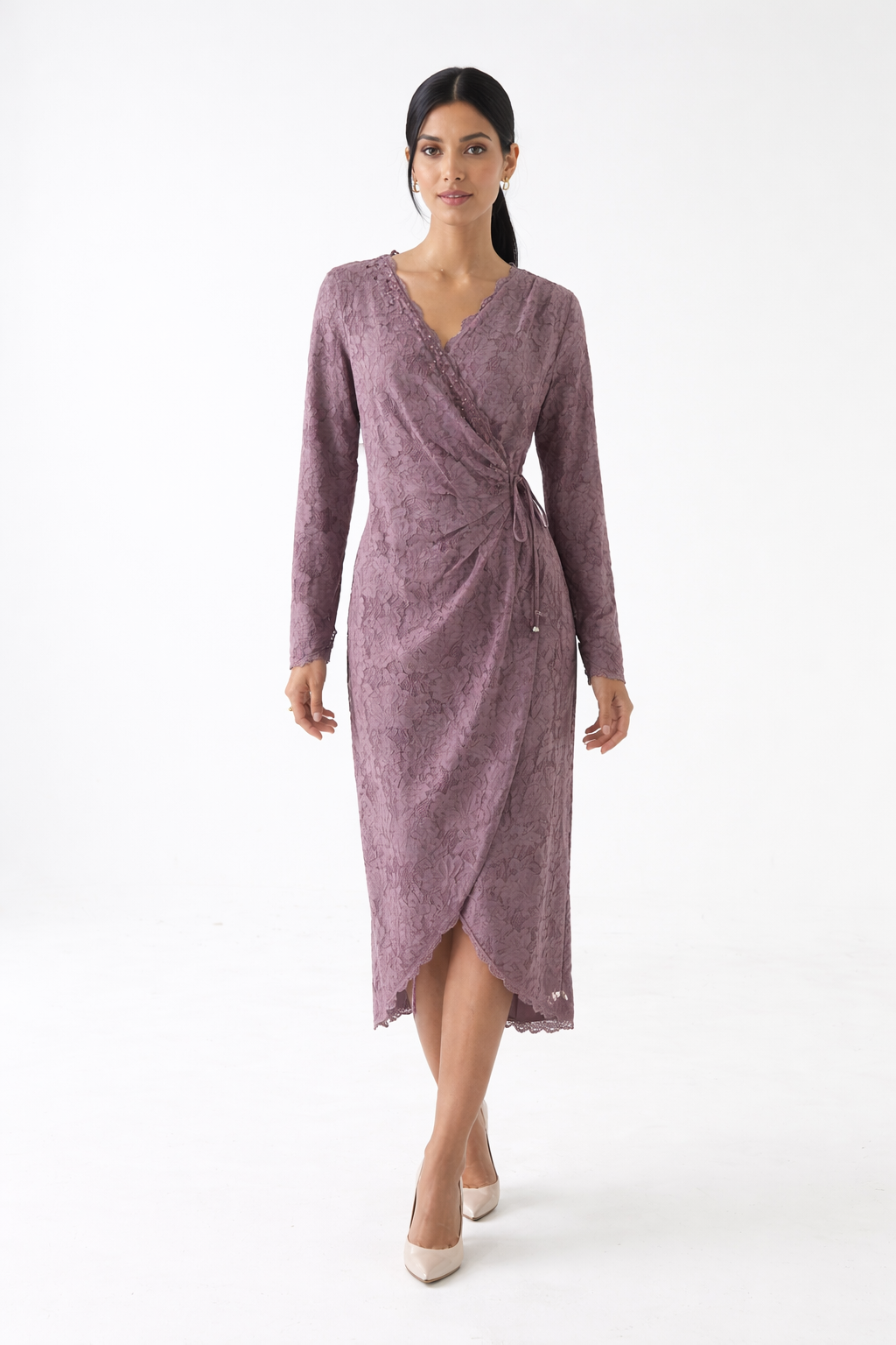 Elegant Lace Wrap Midi Dress with Asymmetrical Hem