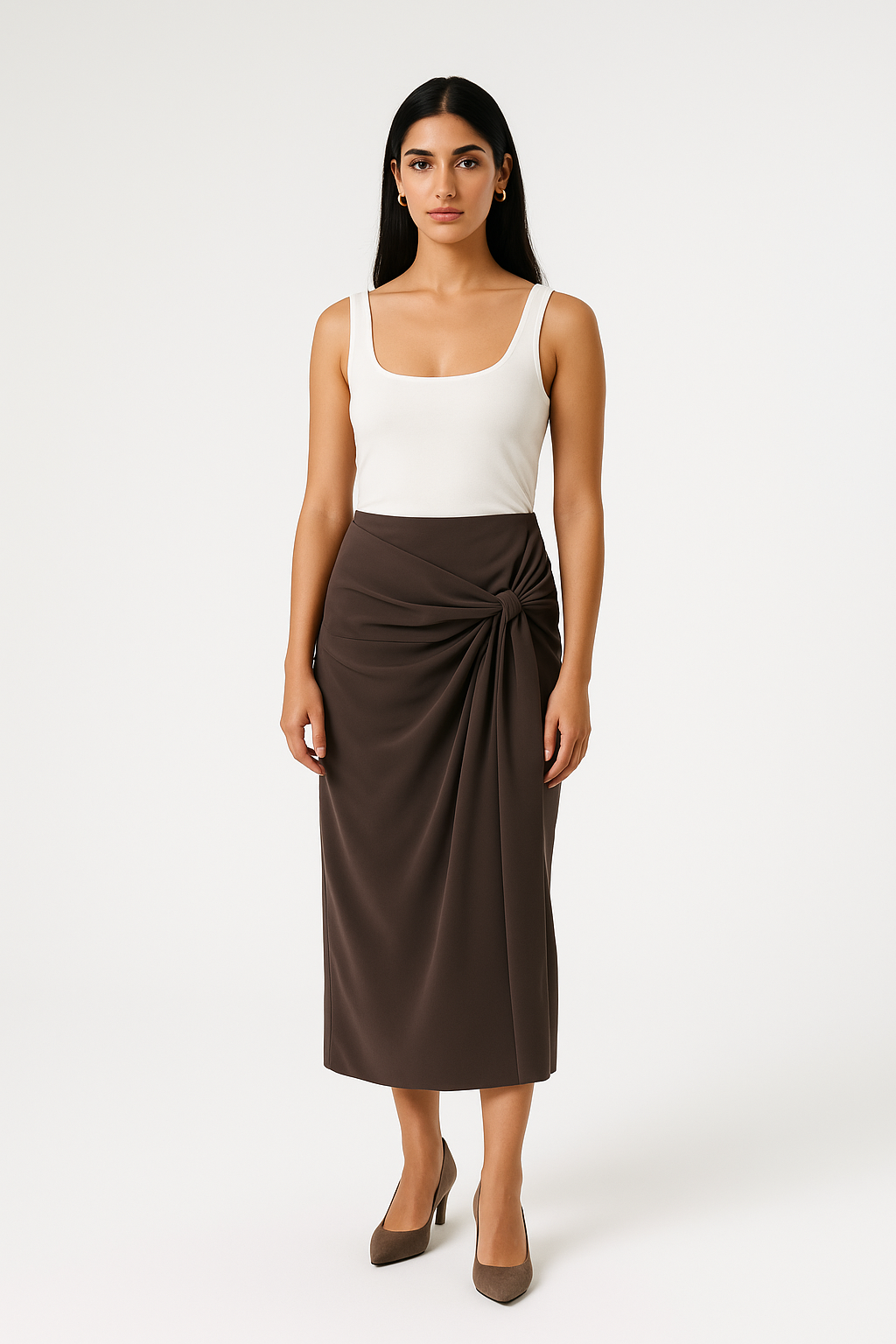 Draped Knot Midi Skirt