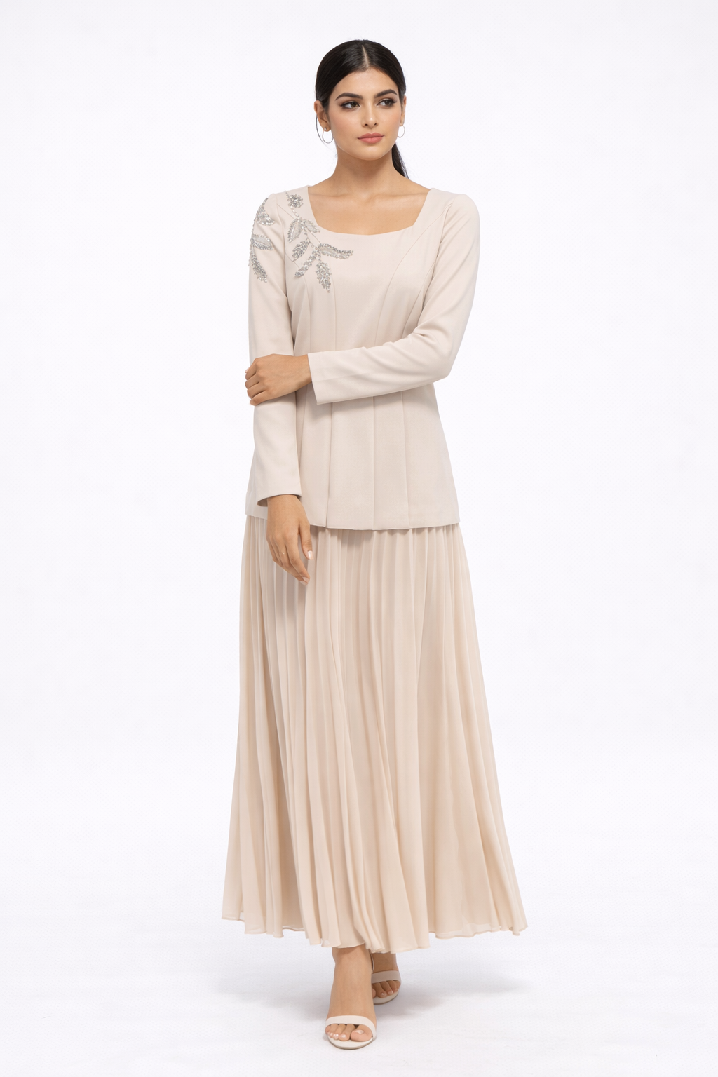 Embellished Bodice Maxi Dress with Pleated Skirt