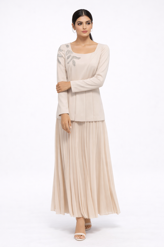 Embellished Bodice Maxi Dress with Pleated Skirt