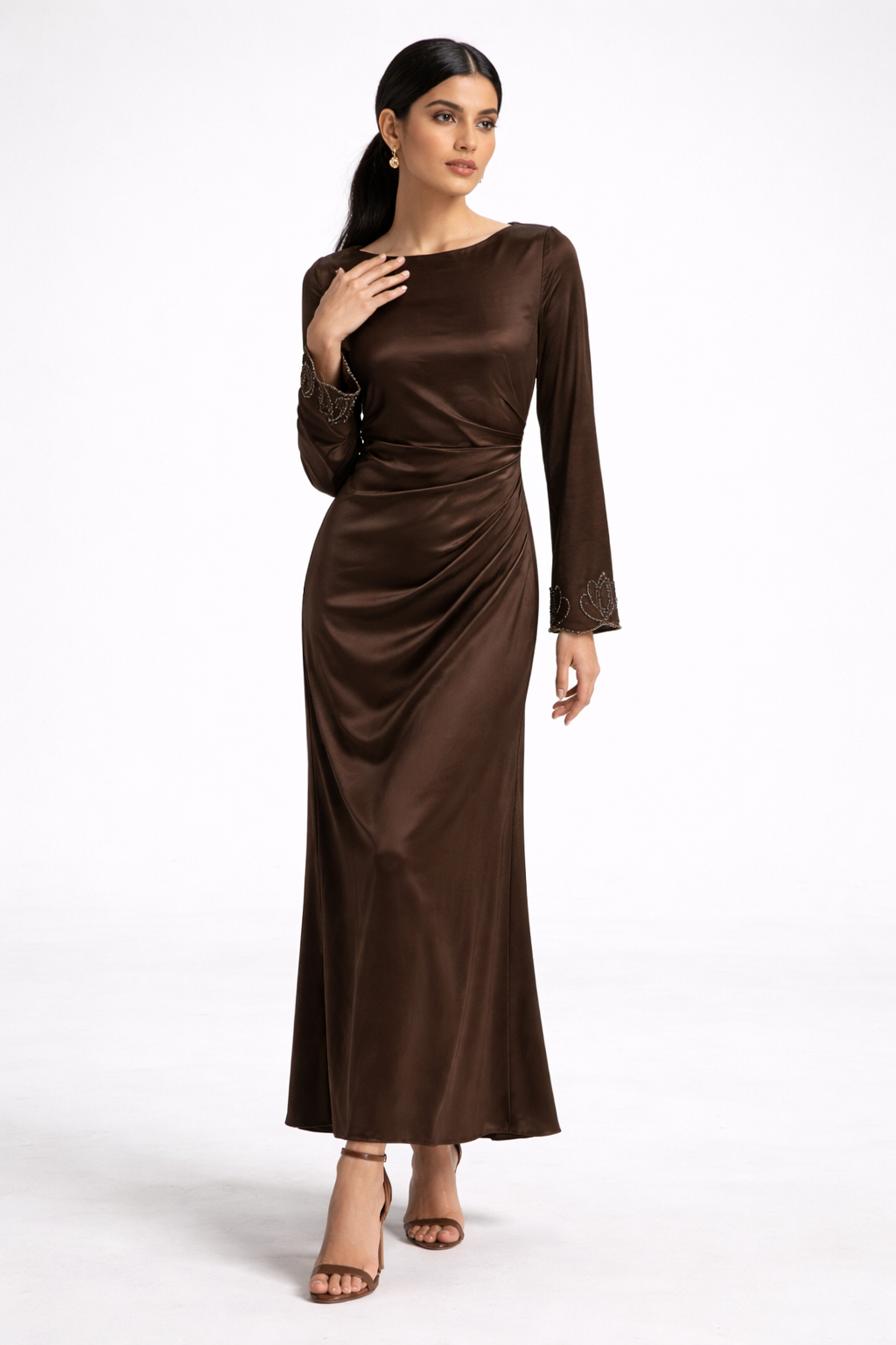 Draped Satin Maxi Dress with Handcrafted Embellished Cuffs