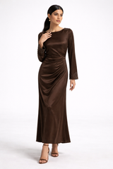 Draped Satin Maxi Dress with Handcrafted Embellished Cuffs