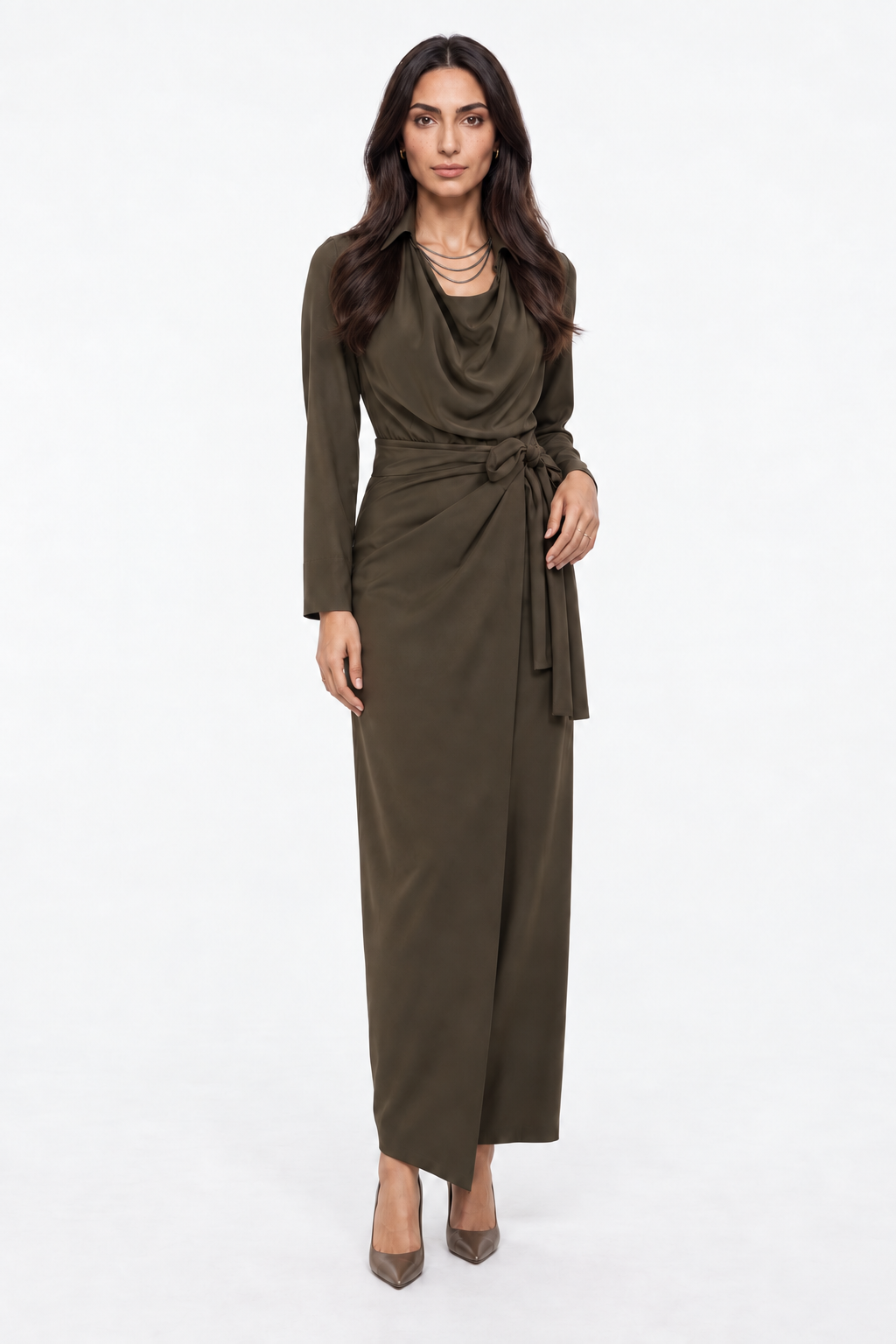 Draped Neck Wrap-Effect Maxi Dress