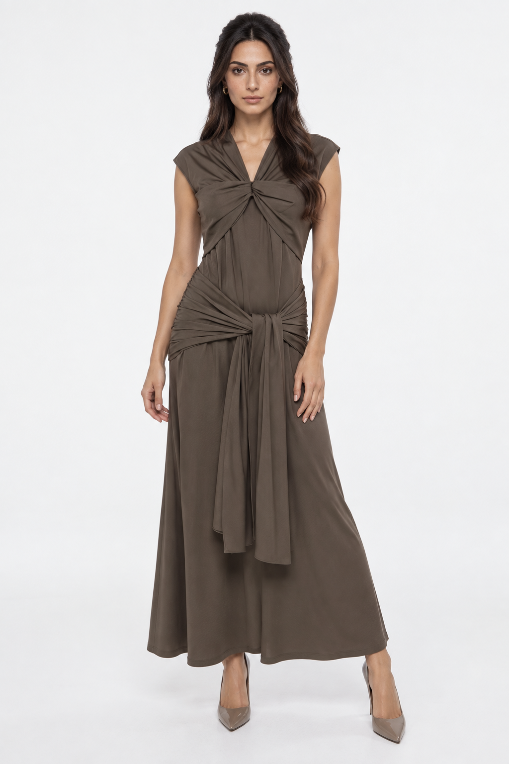 Twist-Drape Ruched Maxi Dress