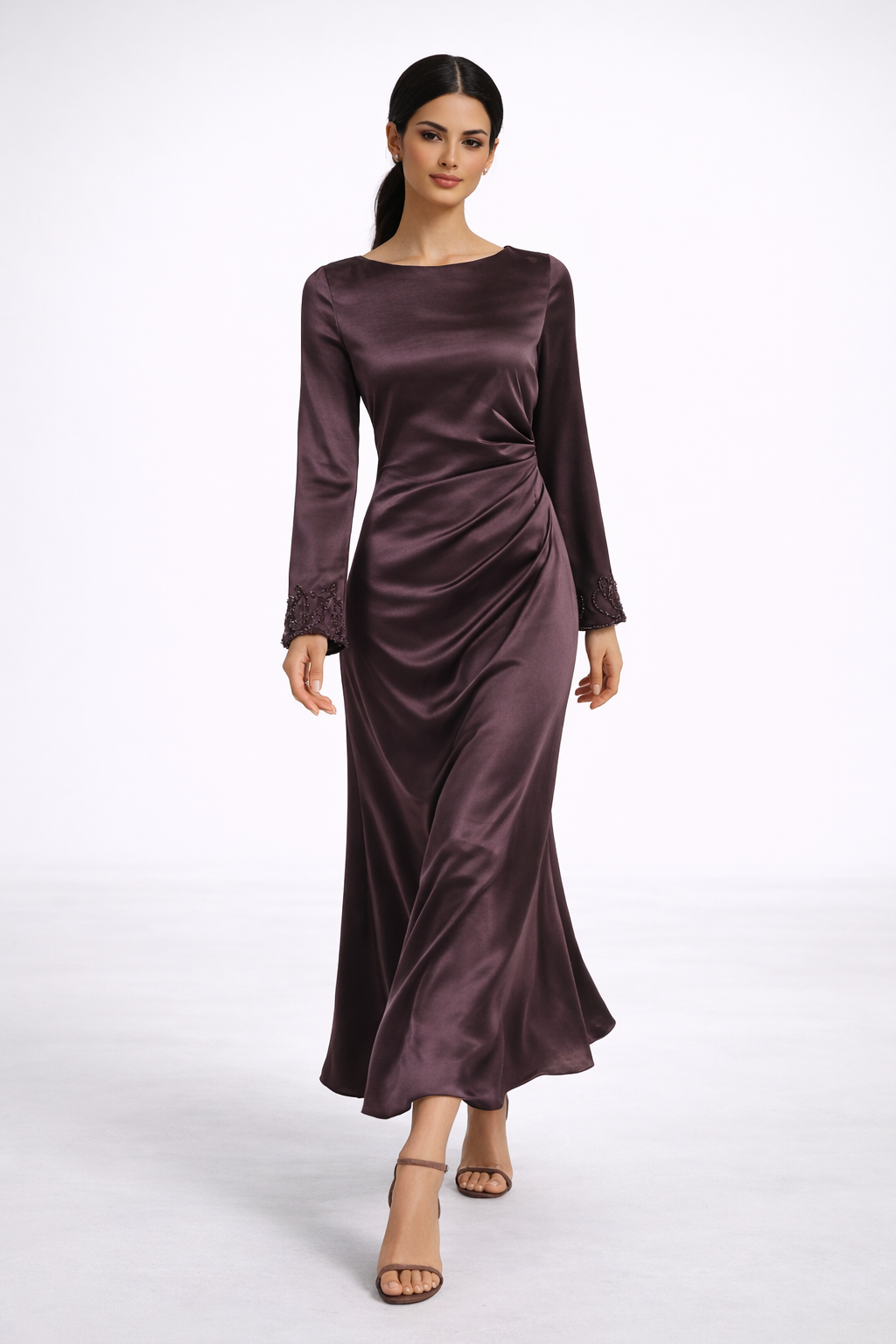 Draped Satin Maxi Dress with Handcrafted Embellished Cuffs