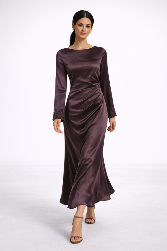 Draped Satin Maxi Dress with Handcrafted Embellished Cuffs