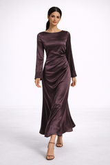Draped Satin Maxi Dress with Handcrafted Embellished Cuffs