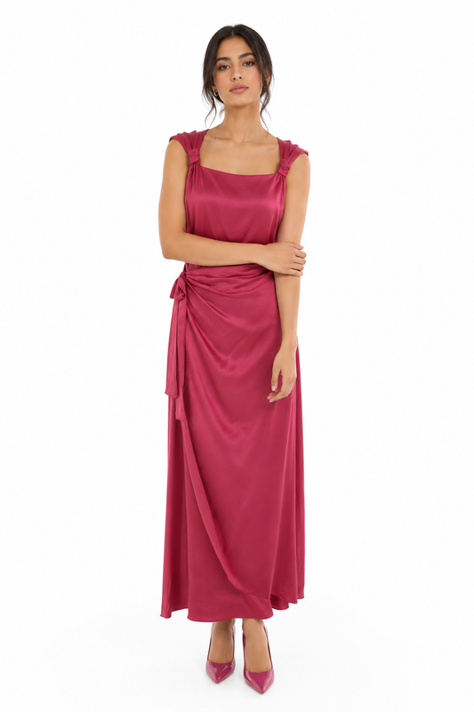 Satin Wrap-Effect Dress with Side Tie