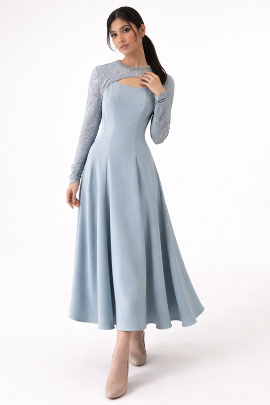 فستان ماكسي بكم دانتيل مزخرف