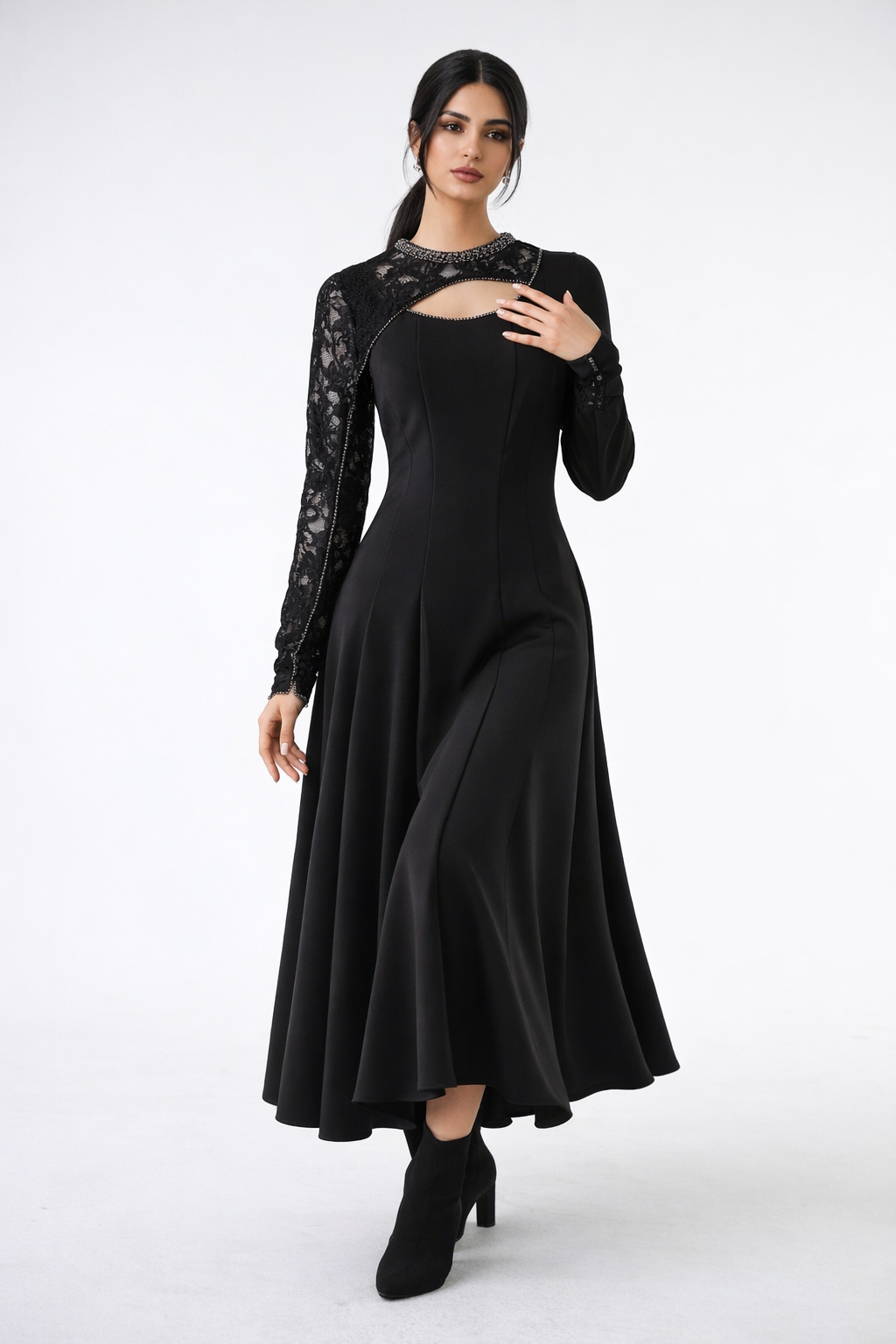 Embellished Lace-Sleeve Maxi Dress