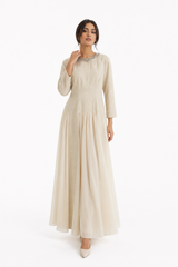 Embellished Neckline Printed Panel Dress with Chiffon Flare