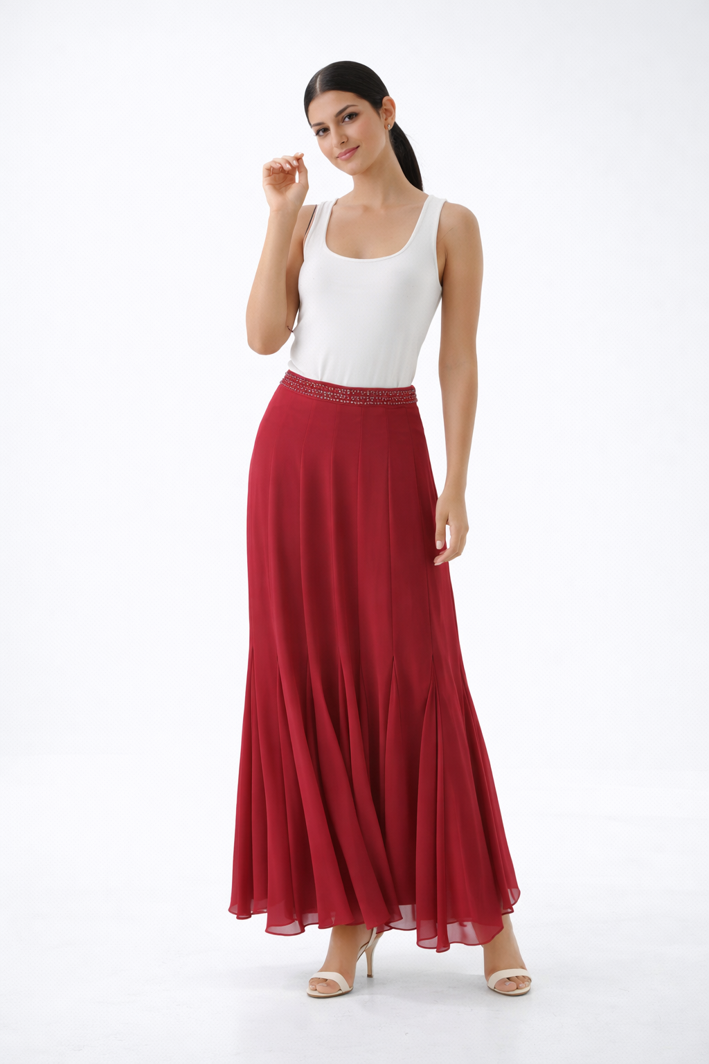 Flowy Maxi Skirt with Embellished Waist Detail