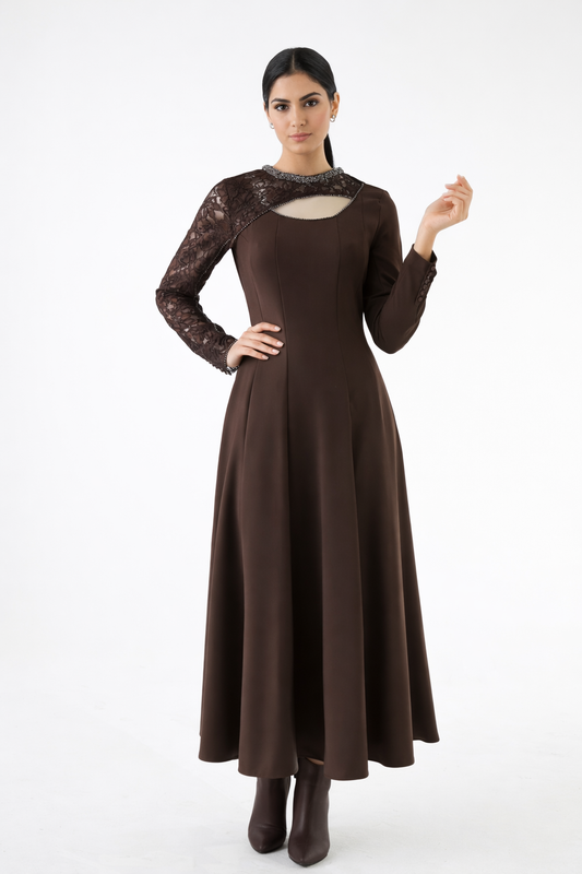 فستان ماكسي بكم دانتيل مزخرف