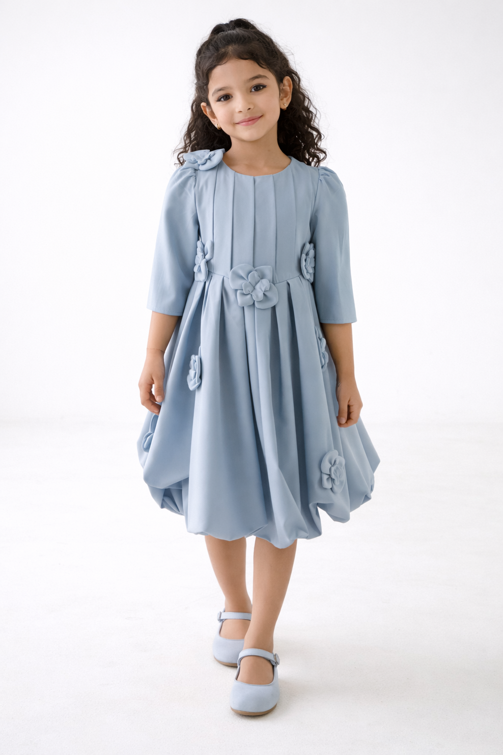 Girls Floral Appliqué Balloon Dress