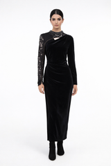 Velvet Maxi Dress with Lace Sleeve and Embellished Details