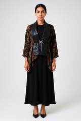 كيمونو مطبوع بياقة جلد صناعي