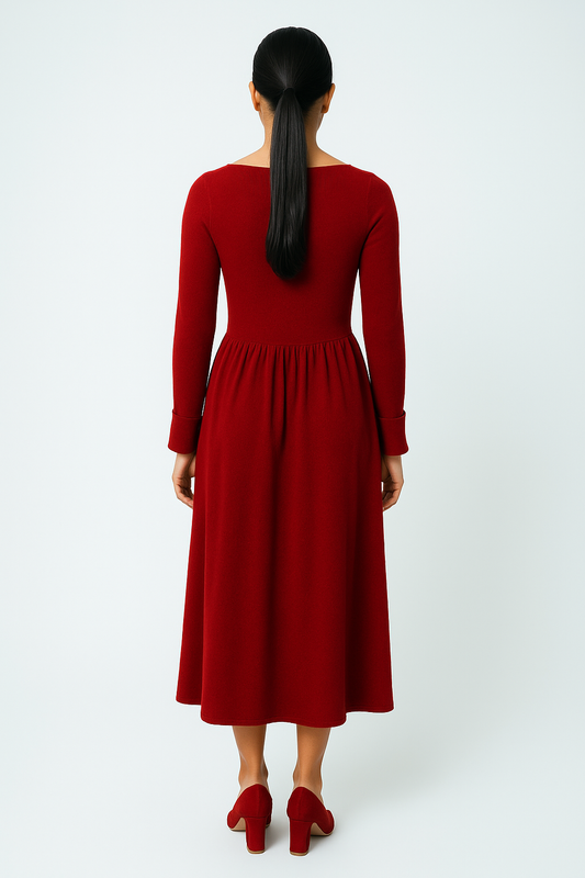 فستان شتوي بياقة V وأكمام طويلة بقماش يشبه الكاشمير